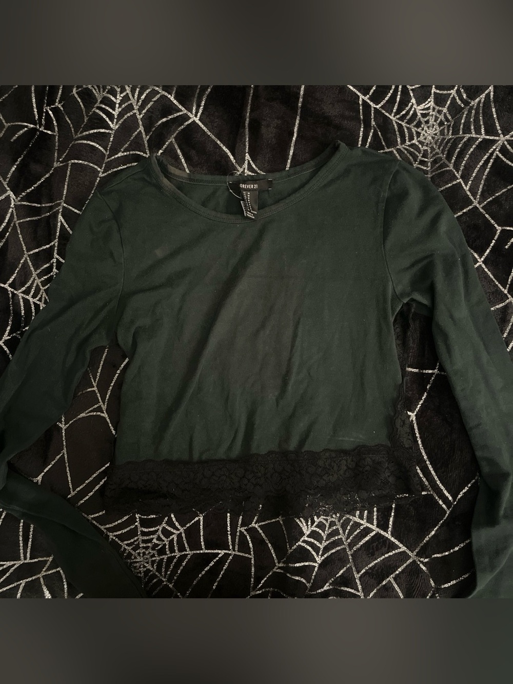 Forever 21 Dark Green Long Sleeve Top with Black Lace Trim